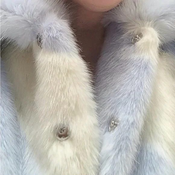 Mauve Anthropologie Powder Blue Ivory Faux Fur Long Coat | XL - Picture 3 of 9